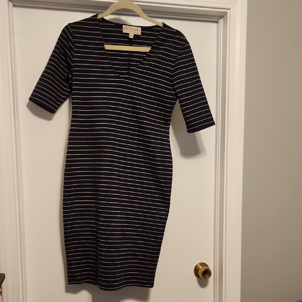 Philosophy Blue and Cream Sheath Midi Dress 3/4 Sleeve